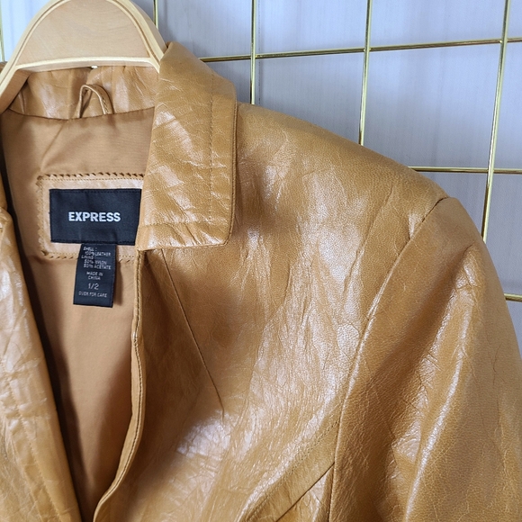 Express Y2K Tan Genuine Leather Vintage Belted Trench Coat - Picture 4 of 11
